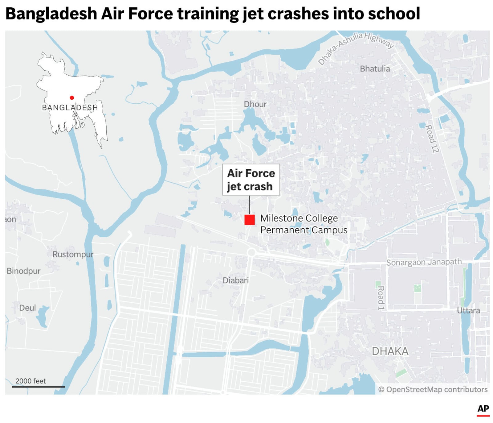 The map above shows the location of an Air Force jet that crashed into a school in Bangladesh. (AP Graphic)