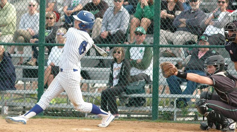 Hamilton’s Payton Pennington (6) takes a big swing April 18 during a Greater Miami Conference baseball game against Mason at Hamilton. Mason won 16-8. RICK CASSANO/STAFF