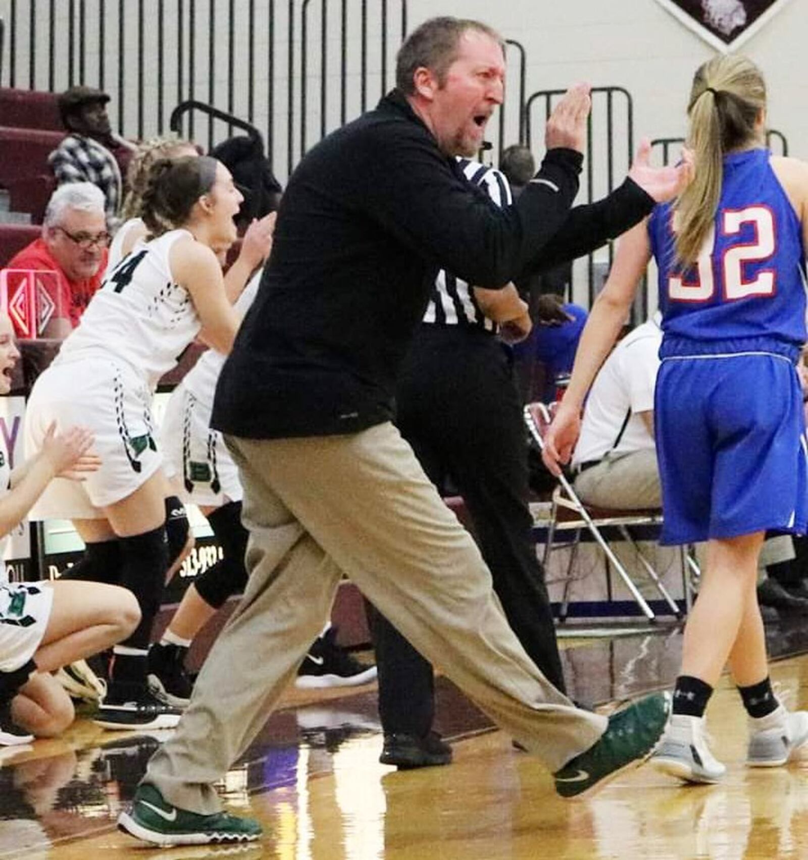 Badin coach Tom Sunderman enthusiastically supports his team Saturday afternoon during a 54-10 victory over Clinton-Massie in a Division II sectional opener at Lebanon. CONTRIBUTED PHOTO BY TERRI ADAMS