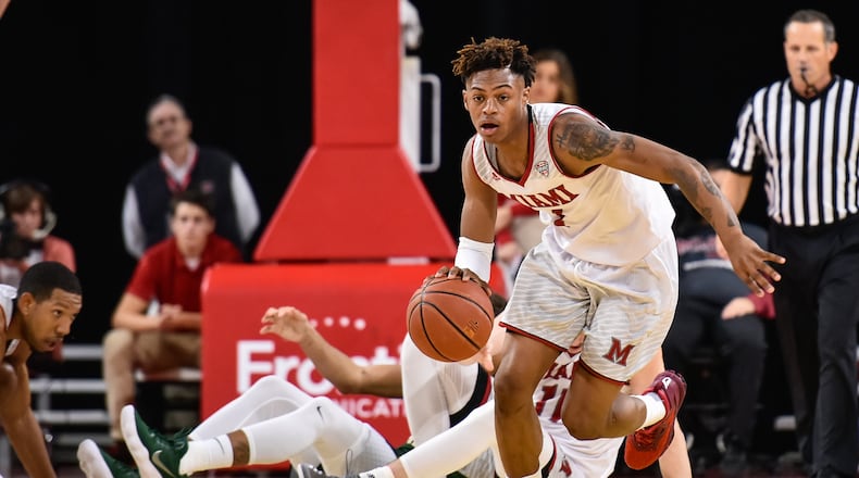 Miami’s Nike Sibande dribbles the ball on a fast break during their game Tuesday, Nov. 14 at Millett Hall in Oxford. Sibande scored 20 points in the RedHawks’ MAC Tournament loss Thursday night. NICK GRAHAM/STAFF