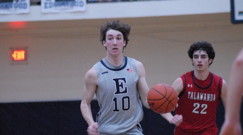 Edgewood’s Colton Hunt dribbles in transition against Talawanda on Tuesday night. Chris Vogt/Contributed