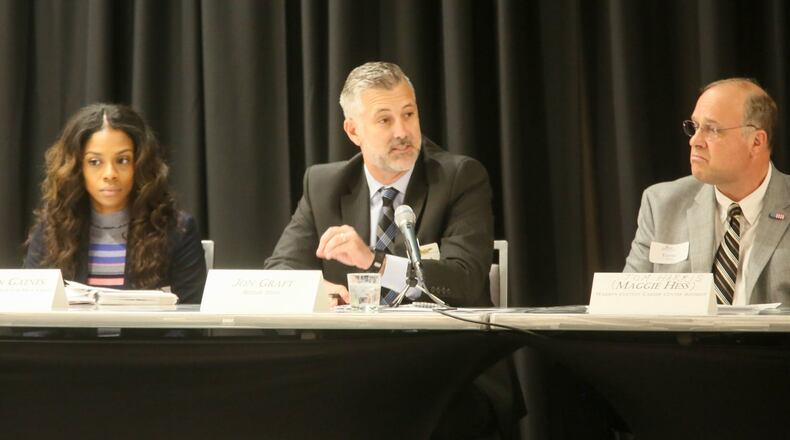 Jon Graft, CEO/superintendent, Butler Technical Schools, speaks with other education and business leaders during a panel discussion on Southwest Ohio Regional Education Perspectives, sponsored by the West Chester Liberty Chamber Alliance on Friday, April 28, 2017. GREG LYNCH / STAFF