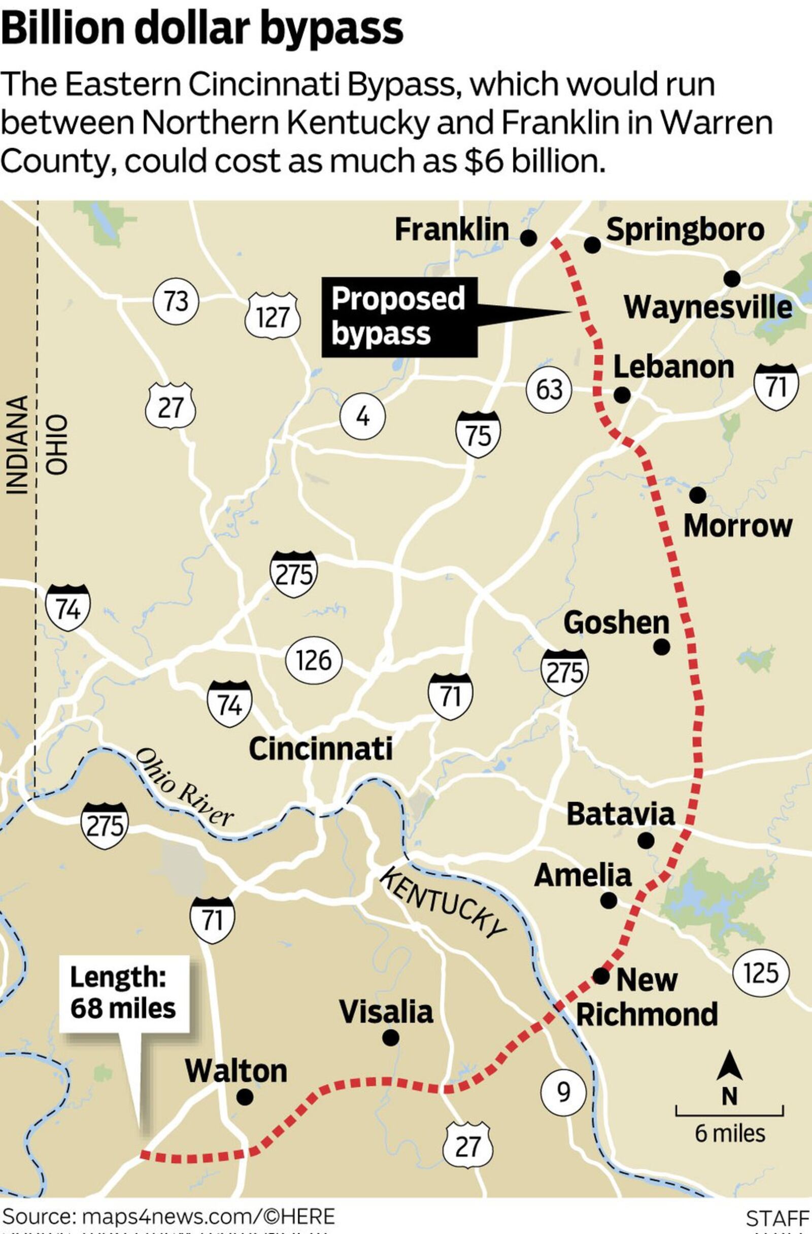 A possible route for a proposed new bypass highway around Cincinnati.