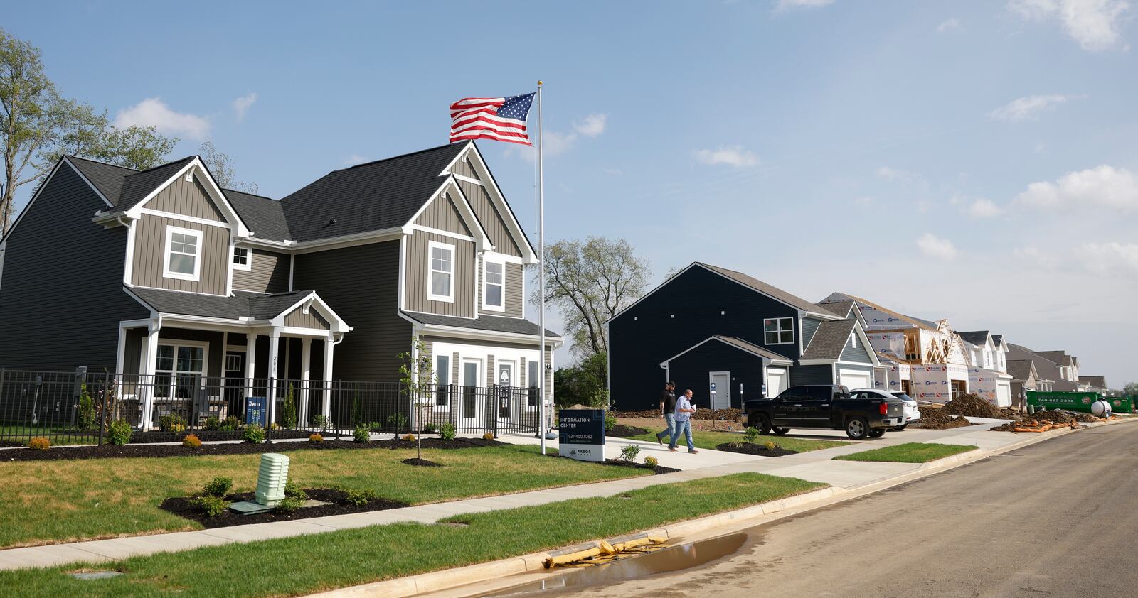 Men explore new houses on Tuesday, April 29, 2025, in the Arbor Homes neighborhood of Melody Parks. JOSEPH COOKE/STAFF