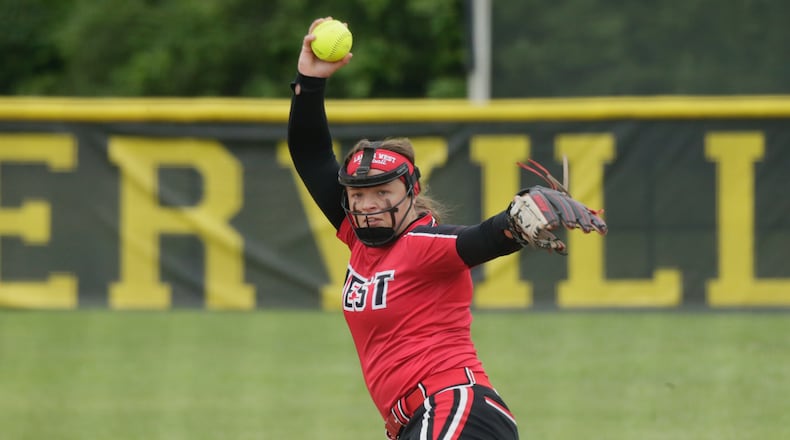 Lakota West's KK Mathis pitches against Beavercreek during a Division I regional championship on Saturday, May 29, 2021, at Centerville High School. David Jablonski/Staff