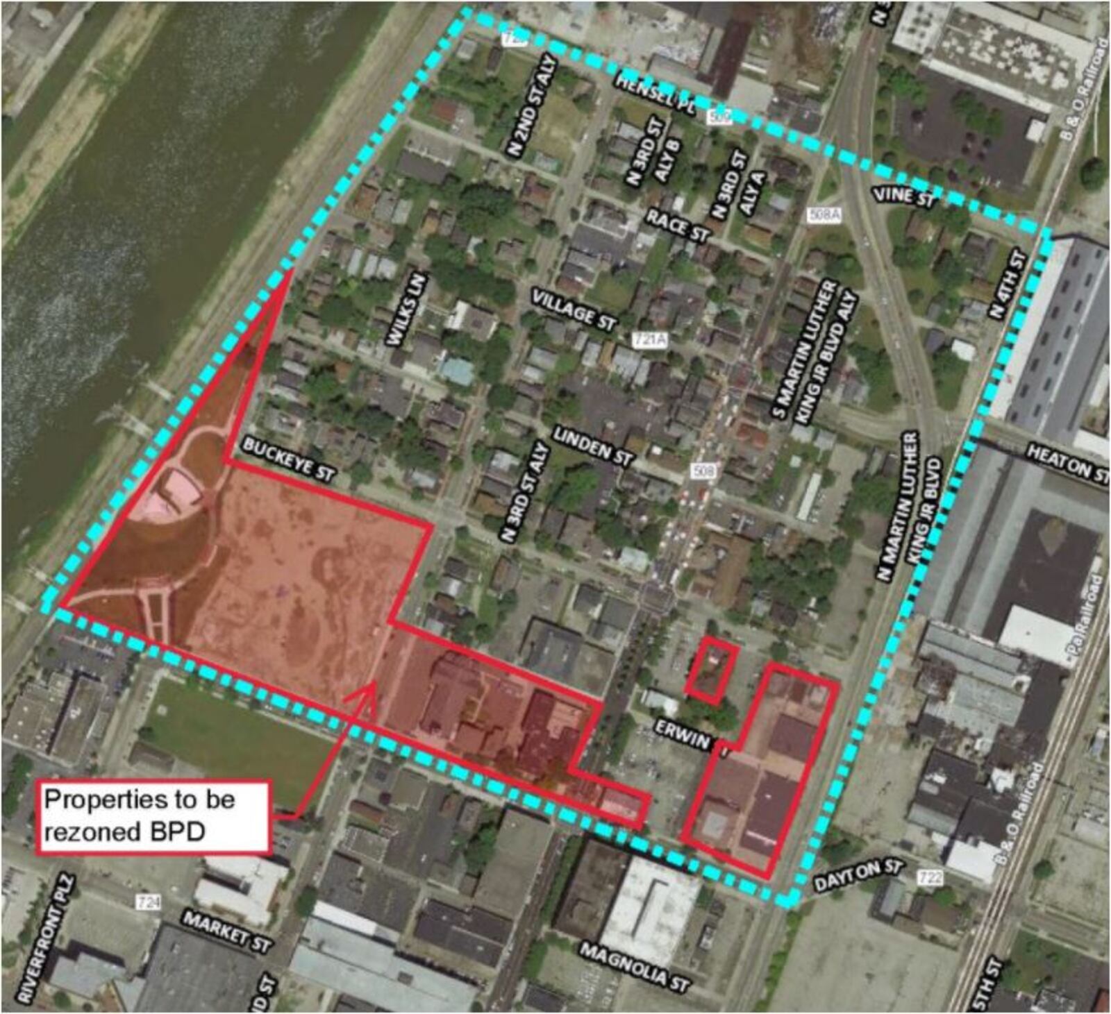 The areas of Hamilton's German Village neighborhood that are shown in red are to be rezoned, under a proposal now before Hamilton City Council. PROVIDED
