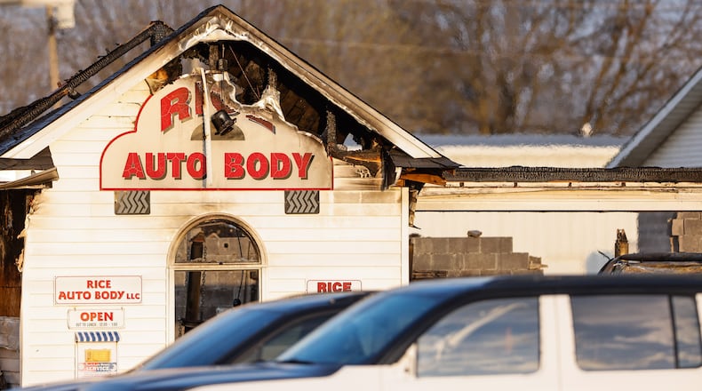 Rice Auto Body on Millville Oxford Road was on fire Monday, March 30, 2026. NICK GRAHAM/STAFF