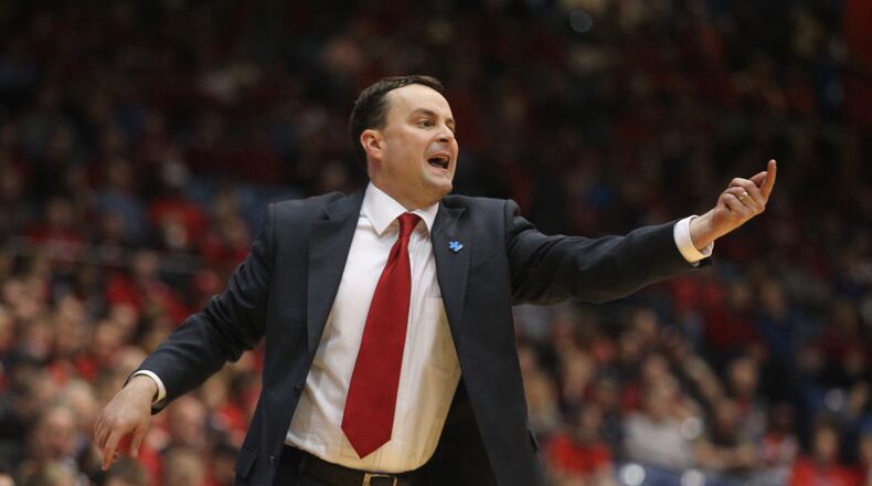 Dayton’s Archie Miller shouts to his players during a game against Duquesne on Saturday, Feb. 4, 2017, at UD Arena. David Jablonski/Staff