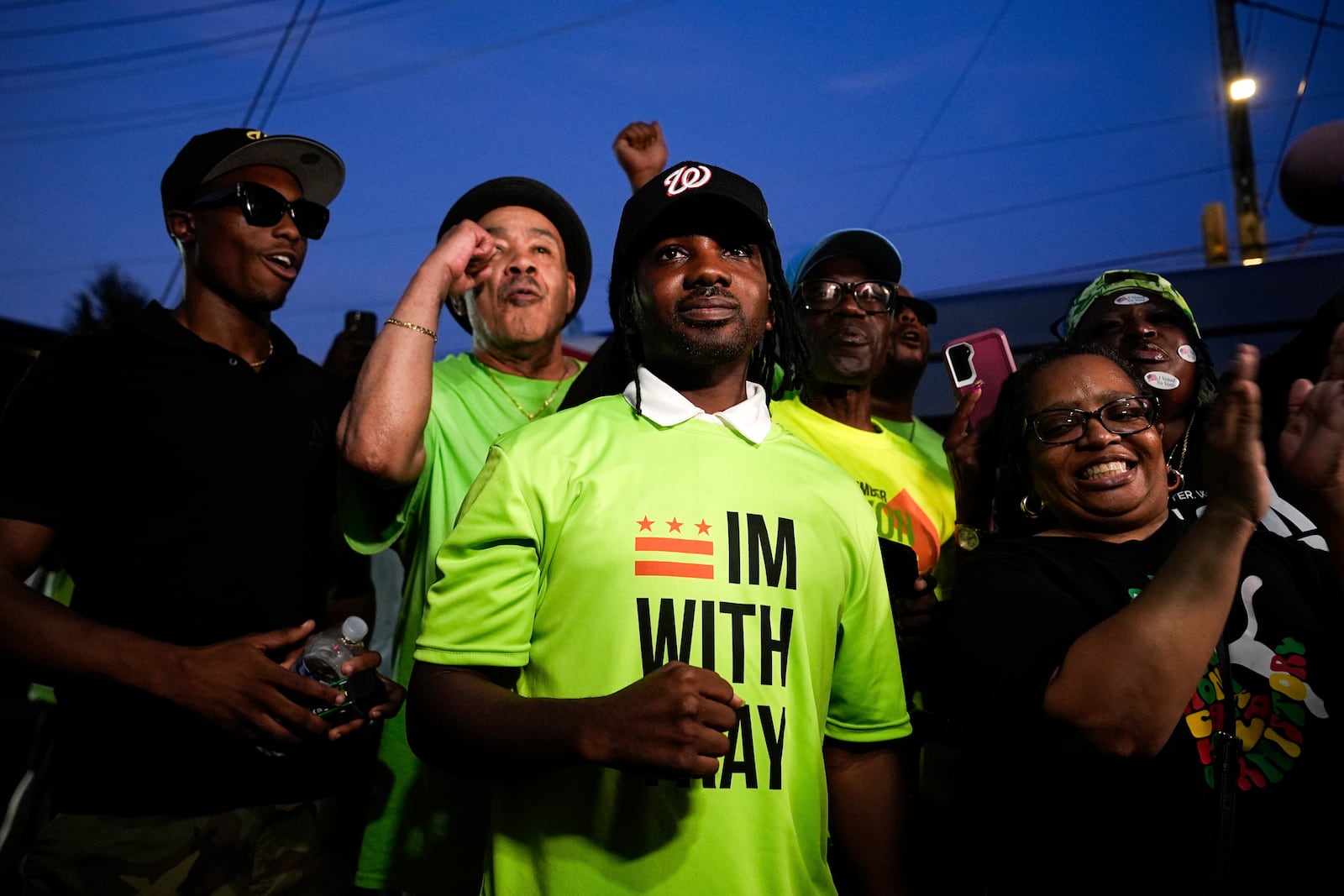 District of Columbia councilmember elect Trayon White, center, pumps his fist as he arrives to his Ward 8 special election watch party, Tuesday, July 15, 2025, in Washington. (AP Photo/Julia Demaree Nikhinson)