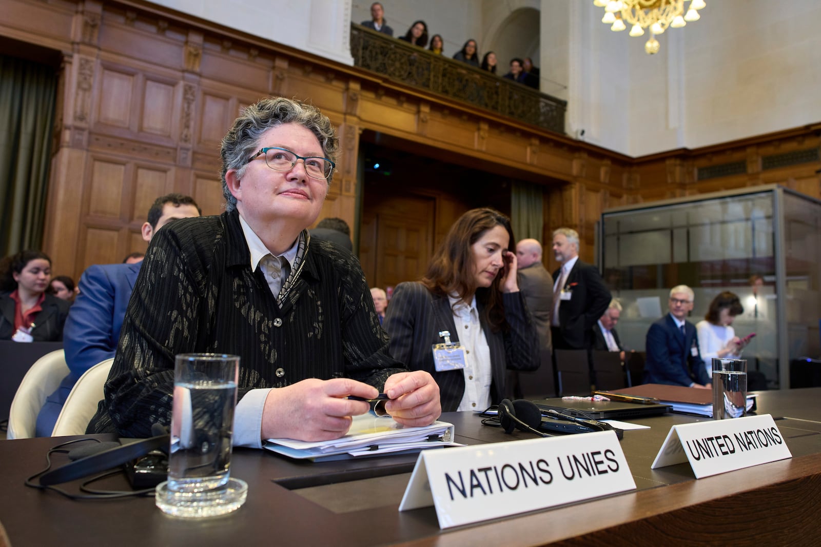 Elinor Hammarskjold, head of the UN legal team, waits to speak at the International Court of Justice, which opened hearings into a United Nations request for an advisory opinion on Israel's obligations to allow humanitarian assistance in Gaza and the West Bank, in The Hague, Netherlands, Monday, April 28, 2025. (AP Photo/Peter Dejong)