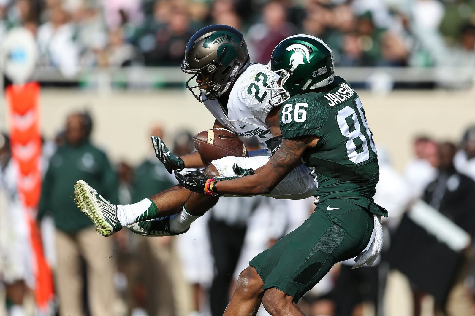 Fairfield High School graduate Josiah Scott (22) comes up with an interception during Michigan State’s spring football game April 1 in East Lansing, Mich. PHOTO COURTESY OF MICHIGAN STATE ATHLETICS