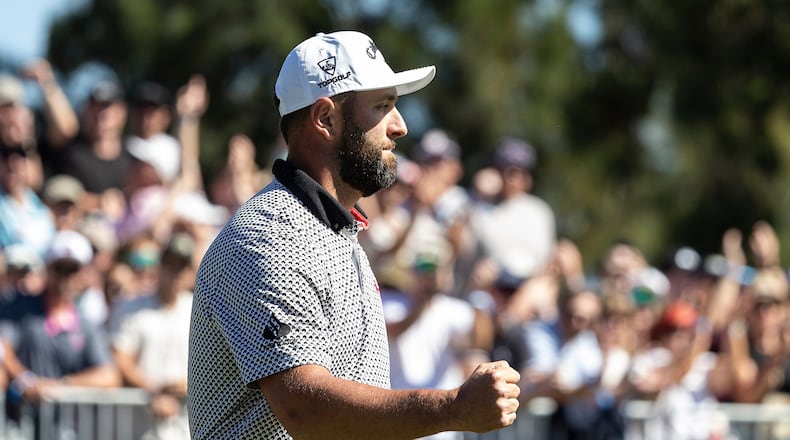 Captain Jon Rahm of Legion XIII celebrates during the second round of the LIV Golf tournament at Grange Golf Club, Friday, Feb. 13, 2026 in Adelaide, Australia. (Jon Ferrey/LIV Golf via AP)