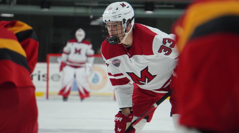 The Miami RedHawks hockey team started the season off 2-0 after a weekend sweep of Ferris State at Goggin Ice Center. CHRIS VOGT / CONTRIBUTED
