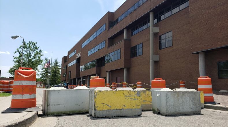 Barricades were set up at the Middletown city building ahead of an anticipated protest there on Wednesday, June 3, 2020. NICK GRAHAM  / STAFF