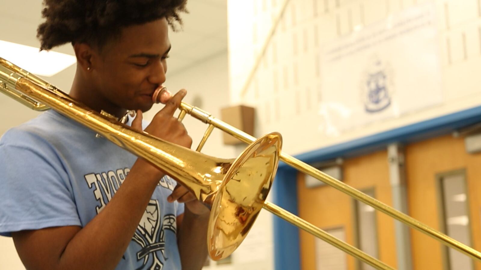 Jahkee Johnson plays his trombone during practice at Cedar Grove High School.