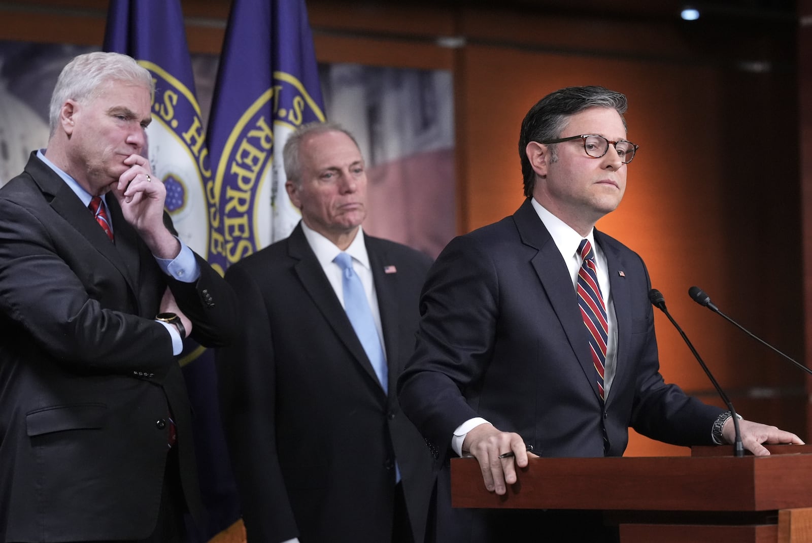 FILE - Speaker of the House Mike Johnson, R-La., joined from left by House Majority Whip Tom Emmer, R-Minn., and House Majority Leader Steve Scalise, R-La., talks to reporters at the Capitol in Washington, April 8, 2025. (AP Photo/J. Scott Applewhite, File)