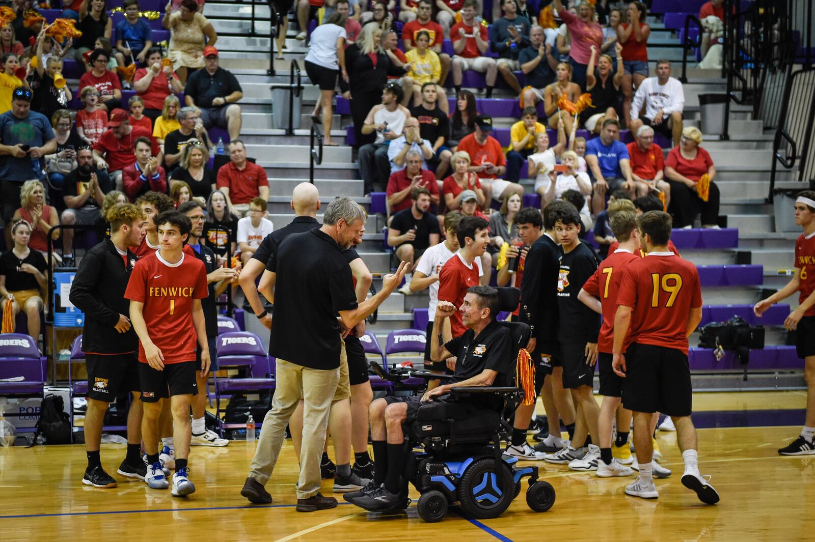 Fenwick High School won its second state volleyball title recently. Pete Ehrlich, who was diagnosed with ALS two years ago, coached the Falcons to their first title since 2013. PHOTO BY JTH PHOTOGRAPHY