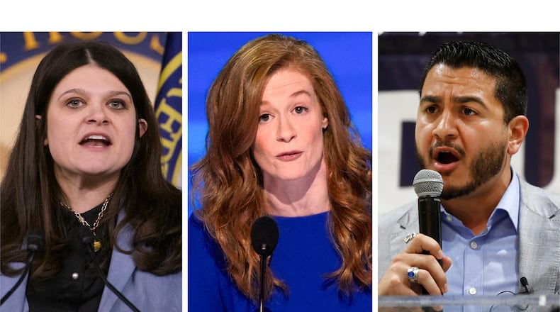 This combination of photos shows Rep. Haley Stevens, D-Mich., Feb. 6, 2025, in Washington, left, Michigan state Sen. Mallory McMorrow, D-Royal Oak, Aug. 19, 2024, in Chicago, center, and Abdul El-Sayed in Detroit on July 28, 2018. (AP Photo/Rod Lamkey, Jr., J. Scott Applewhite, Paul Sancya)