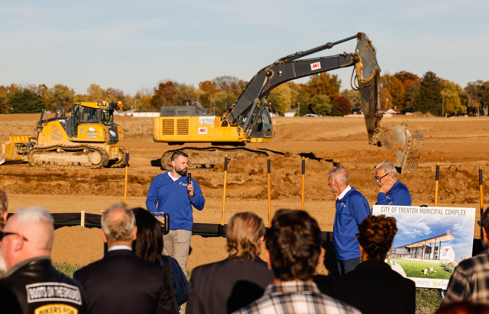 Trenton Mayor Ryan Perry speaks during a groundbreaking ceremony for the new Trenton municipal complex that will include town hall, police department and a YMCA Thursday, Nov. 6, 2025 in Trenton. NICK GRAHAM/STAFF