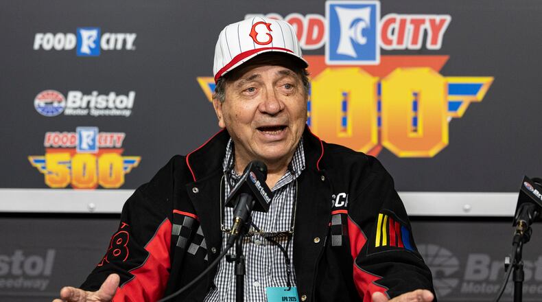 Former Cincinnati Reds and Major League Baseball Hall of Fame catcher, Johnny Bench, speaks to reporters before a NASCAR Cup Series auto race, Sunday, April 13, 2025, in Bristol, Tenn. (AP Photo/Wade Payne)