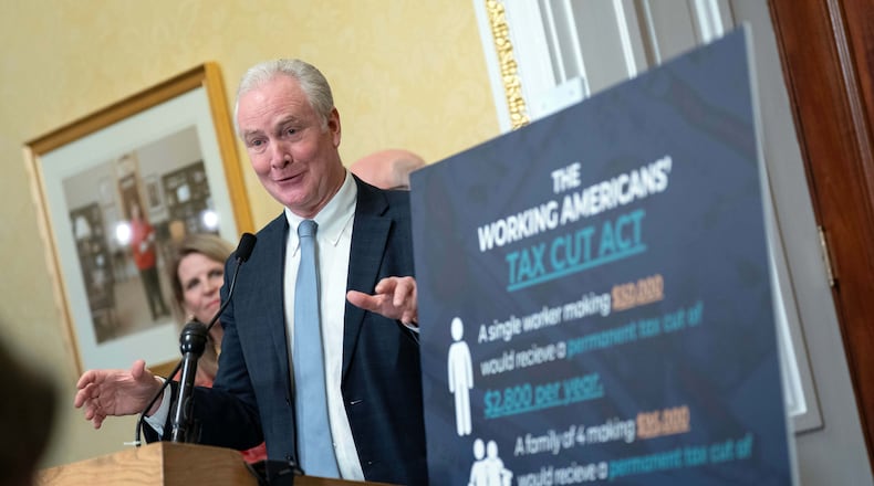 Sen. Chris Van Hollen, D-Md., speaks during a news conference as he introduces a Tax Bill at the Capitol Thursday, March 12, 2026, in Washington. (AP Photo/Jose Luis Magana)