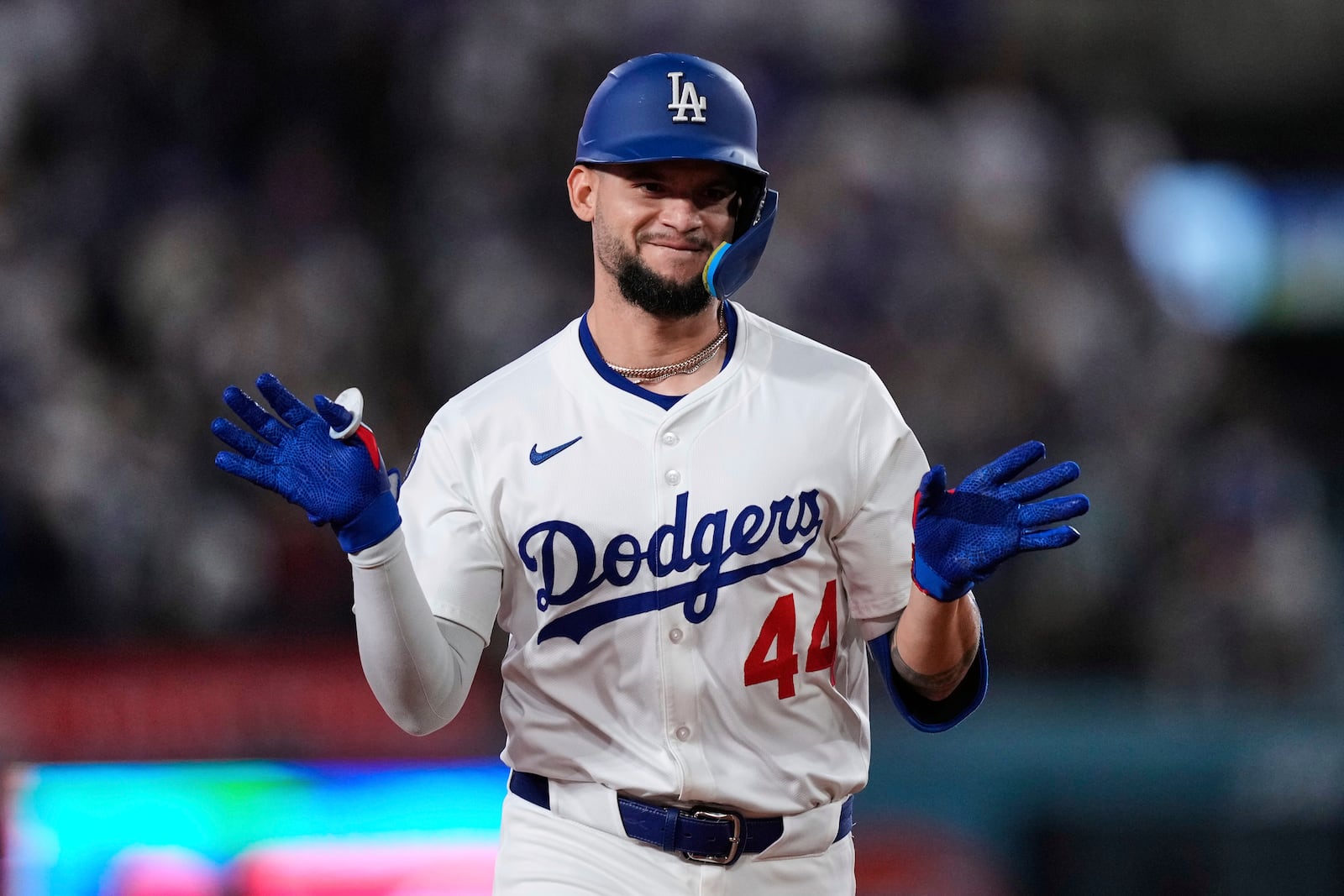 Los Angeles Dodgers' Andy Pages runs the bases after hitting a three-run home run during the third inning of a baseball game against the Athletics, Thursday, May 15, 2025, in Los Angeles. (AP Photo/Mark J. Terrill)