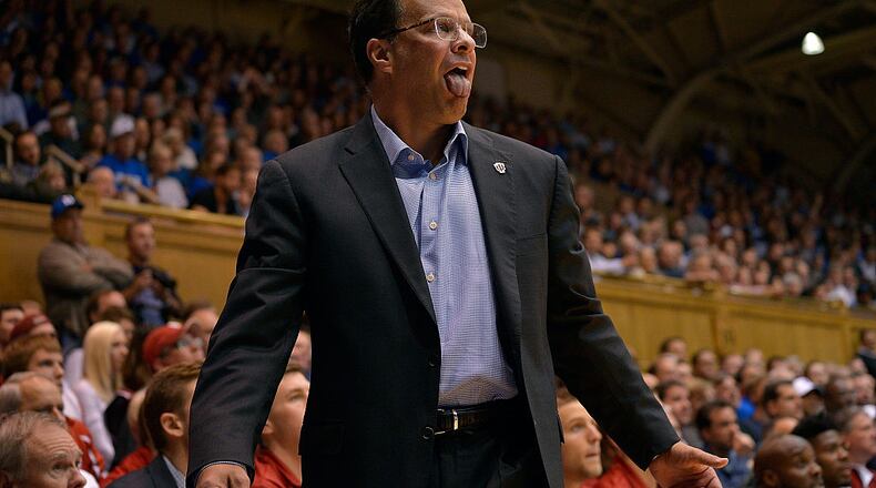 DURHAM, NC - DECEMBER 02: Head coach Tom Crean of the Indiana Hoosiers reacts during a game against the Duke Blue Devils at Cameron Indoor Stadium on December 2, 2015 in Durham, North Carolina. (Photo by Grant Halverson/Getty Images)