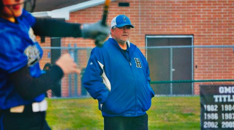 Hamilton High School softball coach Steve Heckman recently won his 450th game with the Big Blue. Chris Vogt/CONTRIBUTED PHOTO