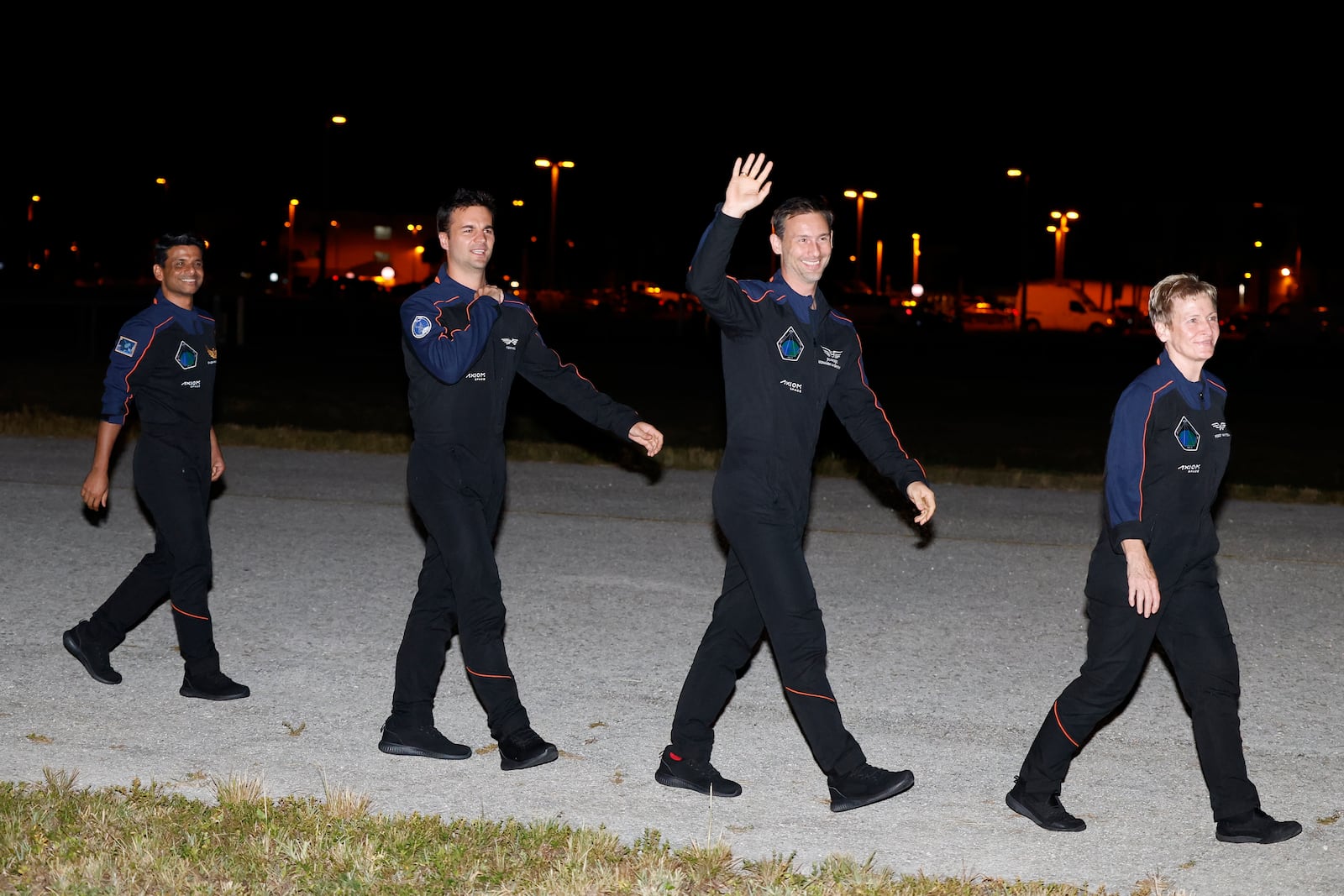 SpaceX Falcon 9 crew, left to right, Shubhanshu Shukla of the Indian Space Research Organization, Tibor Kapu of Hungary, Slawosz Uznanski-Wisniewski of Poland, and commander Peggy Whitson before departing for pad 39A for a mission to the International Space Station at the Kennedy Space Center in Cape Canaveral, Fla., Tuesday, June 24, 2025. (AP Photo/Terry Renna)