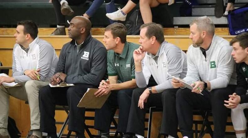 Badin coach Gerry Weisgerber (with hand on chin) watches Tuesday night’s game against visiting Northwest with his coaching staff at Mulcahey Gym in Hamilton. Badin won 70-52. CONTRIBUTED PHOTO BY TERRI ADAMS