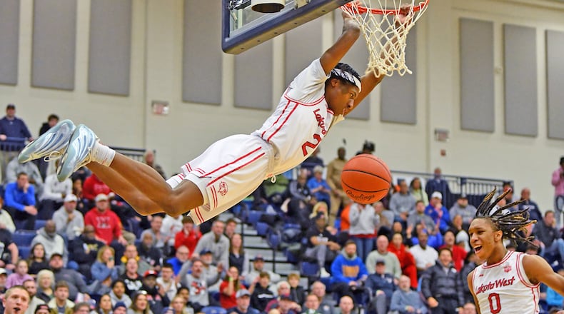 Lakota West's Joshua Tyson goes flyin' to the hoop for two of his 28 points during the Firebirds' 72-71 overtime loss to La Lumiere on Sunday, Jan. 18, 2025 at the Flyin' To The Hoop showcase at Fairmont High School's Trent Arena. JEFF GILBERT/CONTRIBUTED