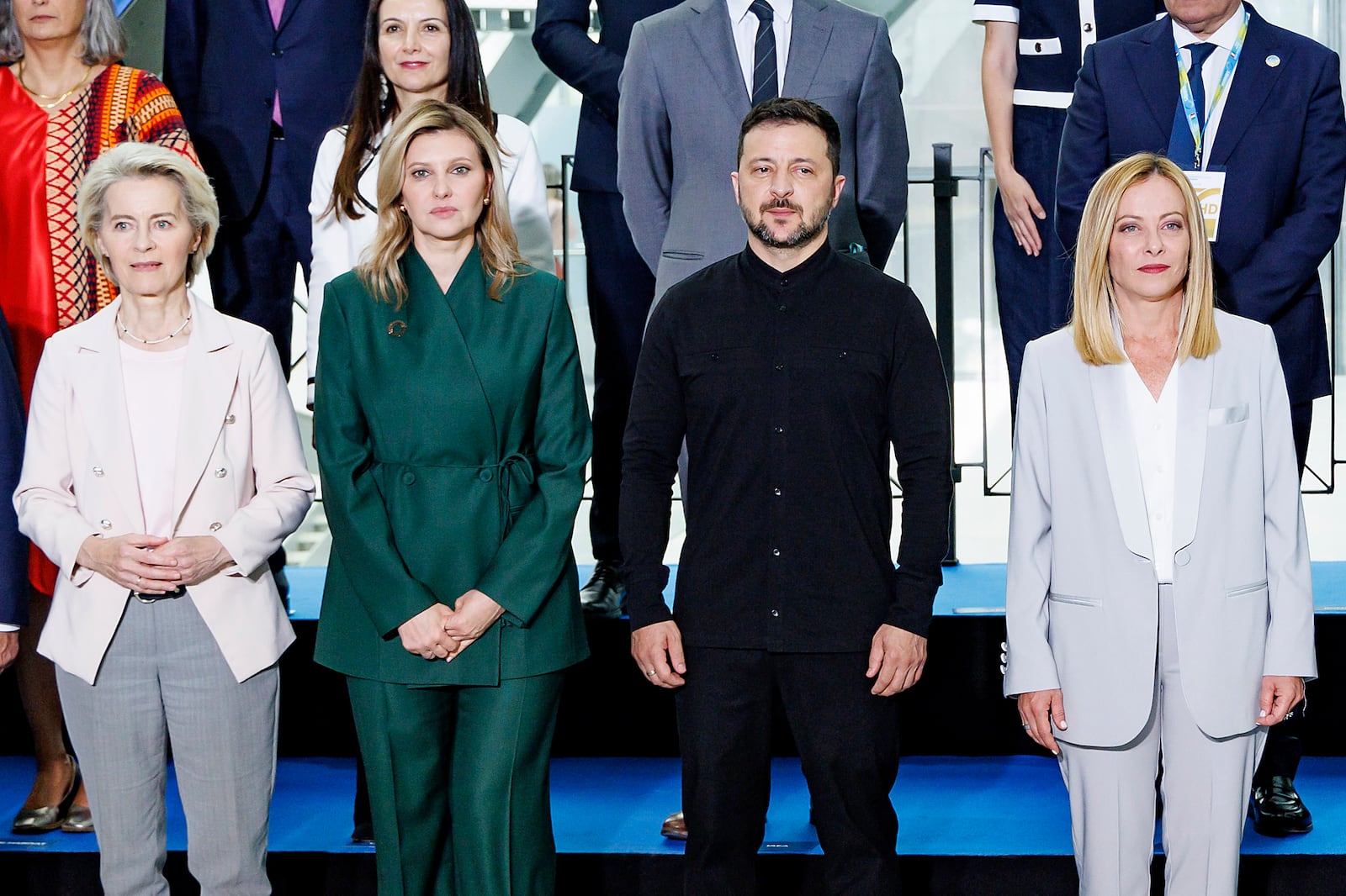Front row from left, European Commission President Ursula von der Leyen, Olena Zelenska, Ukrainian President Volodymyr Zelenskyy and Italian Premier Giorgia Meloni pose for a family photo on the occasion of the Ukraine Recovery Conference at La Nuvola convention center in Rome, Thursday, July 10, 2025. (Mauro Scrobogna/LaPresse via AP)