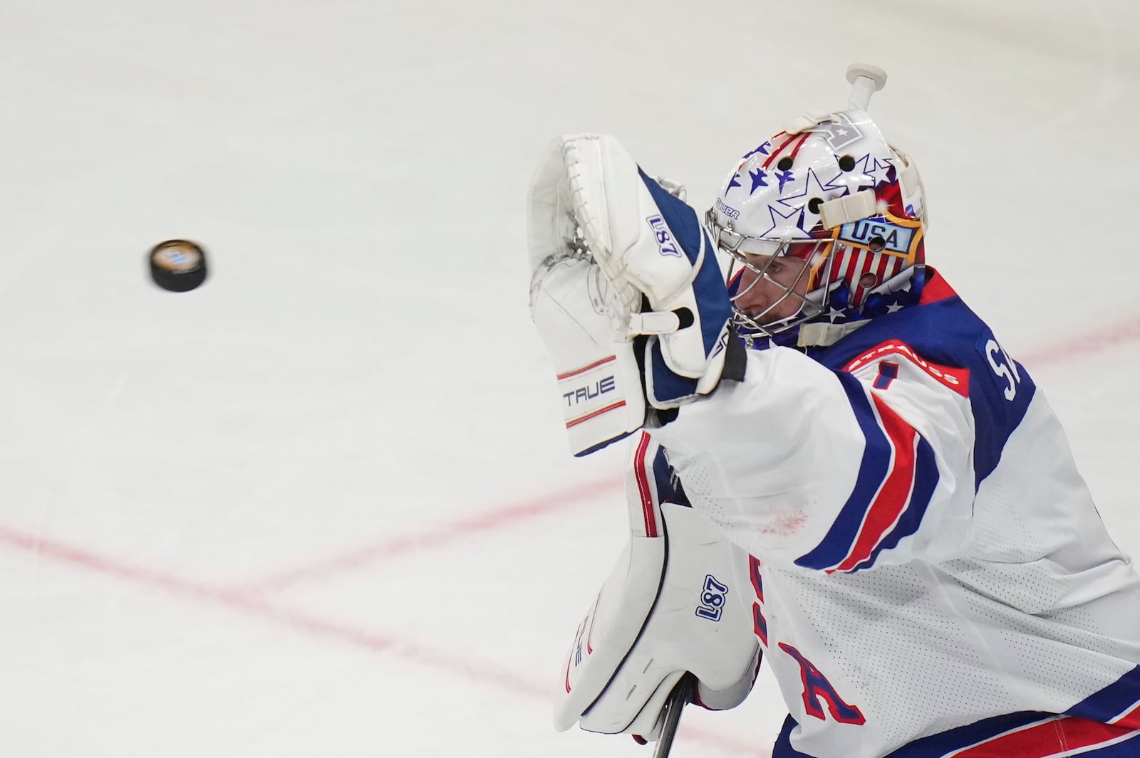 United States' Jeremy Swayman saves during the final match between United States and Switzerland at the ice hockey world championships in Stockholm, Sweden, Sunday, May 25, 2025. (AP Photo/Petr David Josek)