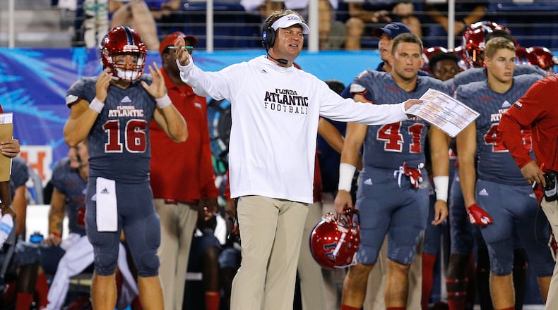 BOCA RATON, FL - OCTOBER 26: Head coach Lane Kiffin of the Florida Atlantic Owls reacts on the sideline after a penalty call against the Louisiana Tech Bulldogs during the second half at FAU Stadium on October 26, 2018 in Boca Raton, Florida. (Photo by Michael Reaves/Getty Images)