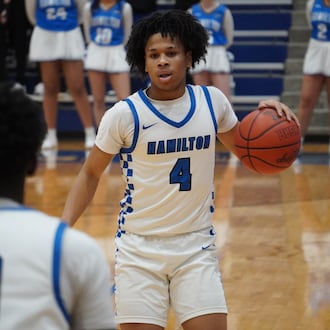 Hamilton’s Jordon Johnson-Perdomo dribbles the ball against Princeton on Friday night at the Hamilton Athletic Center. CHRIS VOGT / CONTRIBUTED
