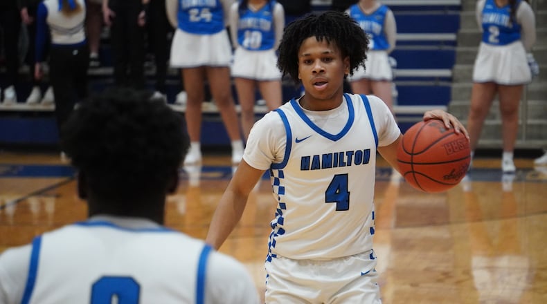 Hamilton’s Jordon Johnson-Perdomo dribbles the ball against Princeton on Friday night at the Hamilton Athletic Center. CHRIS VOGT / CONTRIBUTED