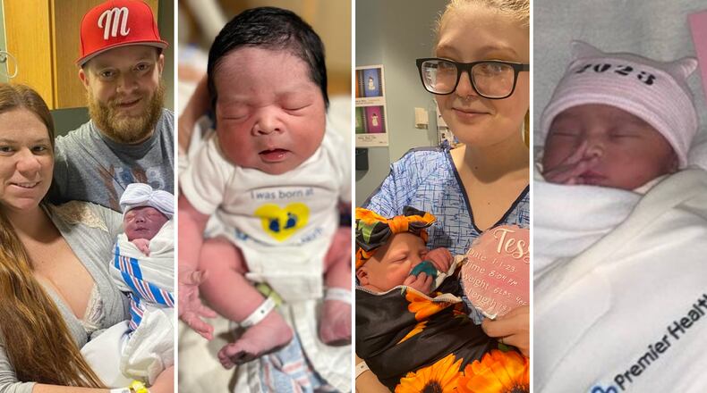 Some local hospitals announced the first babies born on Jan. 1, 2023. McCullough-Hyde in Oxford welcomed Millie, left. Bethesda North in Montgomery announced Baby Boy Landy (second from left), and Kettering Health Hamilton said Tessa, second from right, was their first born that day. Premier Health's Atrium Medical Center said Bouriijen, right was born Jan. 1. CONTRIBUTED