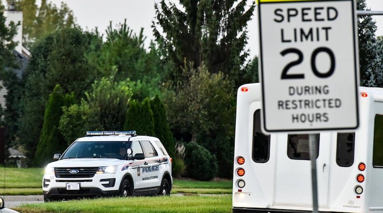 Middletown police and Ohio State Highway Patrol have teamed up to crackdown on speeding in school zones around Middletown. On Friday morning, Sept. 21 Middletown Police officer Kim Robinson was out checking speeds on Breiel Boulevard in front of the high school and middle school. NICK GRAHAM/STAFF