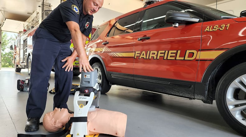 Fairfield Fire Department received an Assistance for Firefighters Grant for $175,343.37. The city will match the grant and will be used to purchase (3) LUCAS devices, automated chest compression machines and (3) Lifepak-15 cardiac monitor/defibrillators that are capable of capturing and transmitting 3 and 12-lead ECGs to area hospitals. This award will help the FD enhance its Advanced Life Support capabilities. Firefighter/paramedic Matt Hicks shows how the automated chest compression machine works. NICK GRAHAM/STAFF
