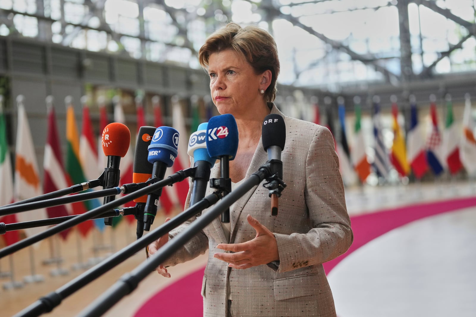 Latvia's Foreign Minister Baiba Braze speaks with the media as she arrives for a meeting of EU foreign ministers at the European Council building in Brussels, Belgium, Tuesday, May 20, 2025. (AP Photo/Virginia Mayo)