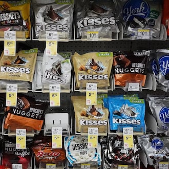 Hershey's chocolate are displayed on shelves at a grocery store in Mount Prospect, Ill., Monday, Oct. 20, 2025. (AP Photo/Nam Y. Huh)