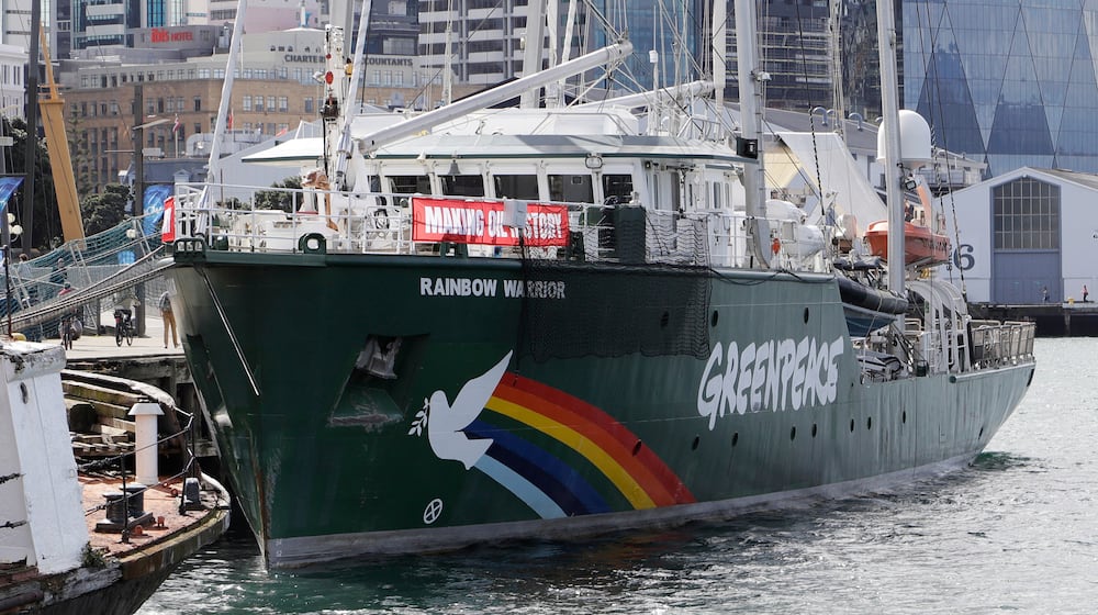 FILE 0 In this Friday Sept. 28, 2018 photo, the Greenpeace flagship the Rainbow Warrior is docked in Wellington, New Zealand. (AP Photo/Mark Baker, File)