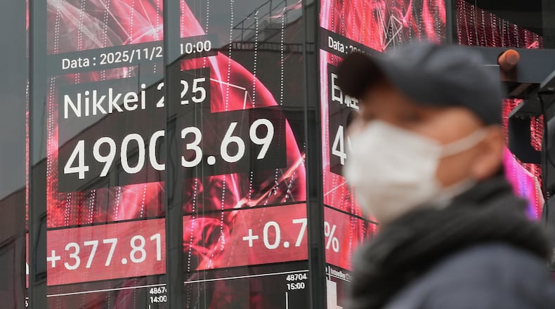 A person stands in front of an electronic stock board showing Japan's Nikkei index at a securities firm Tuesday, Nov. 25, 2025, in Tokyo. (AP Photo/Eugene Hoshiko)