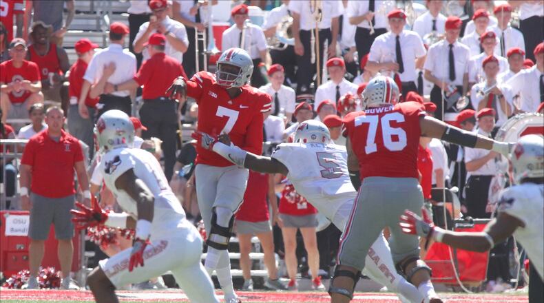 Ohio State's Dwayne Haskins throws a pass against UNLV on Saturday, Sept. 23, 2017, at Ohio Stadium in Columbus. David Jablonski/Staff