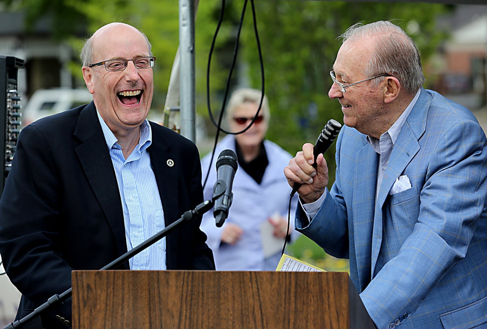 Hamilton Mayor Pat Moeller and Joe Marcum share a laugh during the dedication of Marcum Park in downtown Hamilton Saturday, May 6, 2017. E.L. HUBBARD / CONTRIBUTED