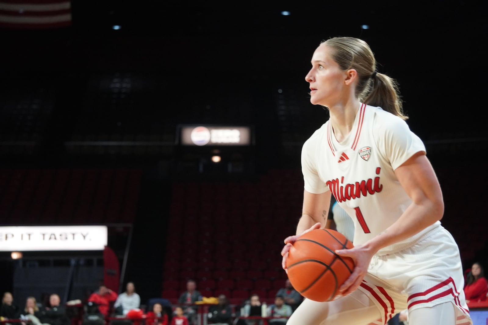 Miami’s Amber Scalia eyes up a shot against Eastern Michigan on Wednesday night at Millett Hall. CHRIS VOGT / CONTRIBUTED