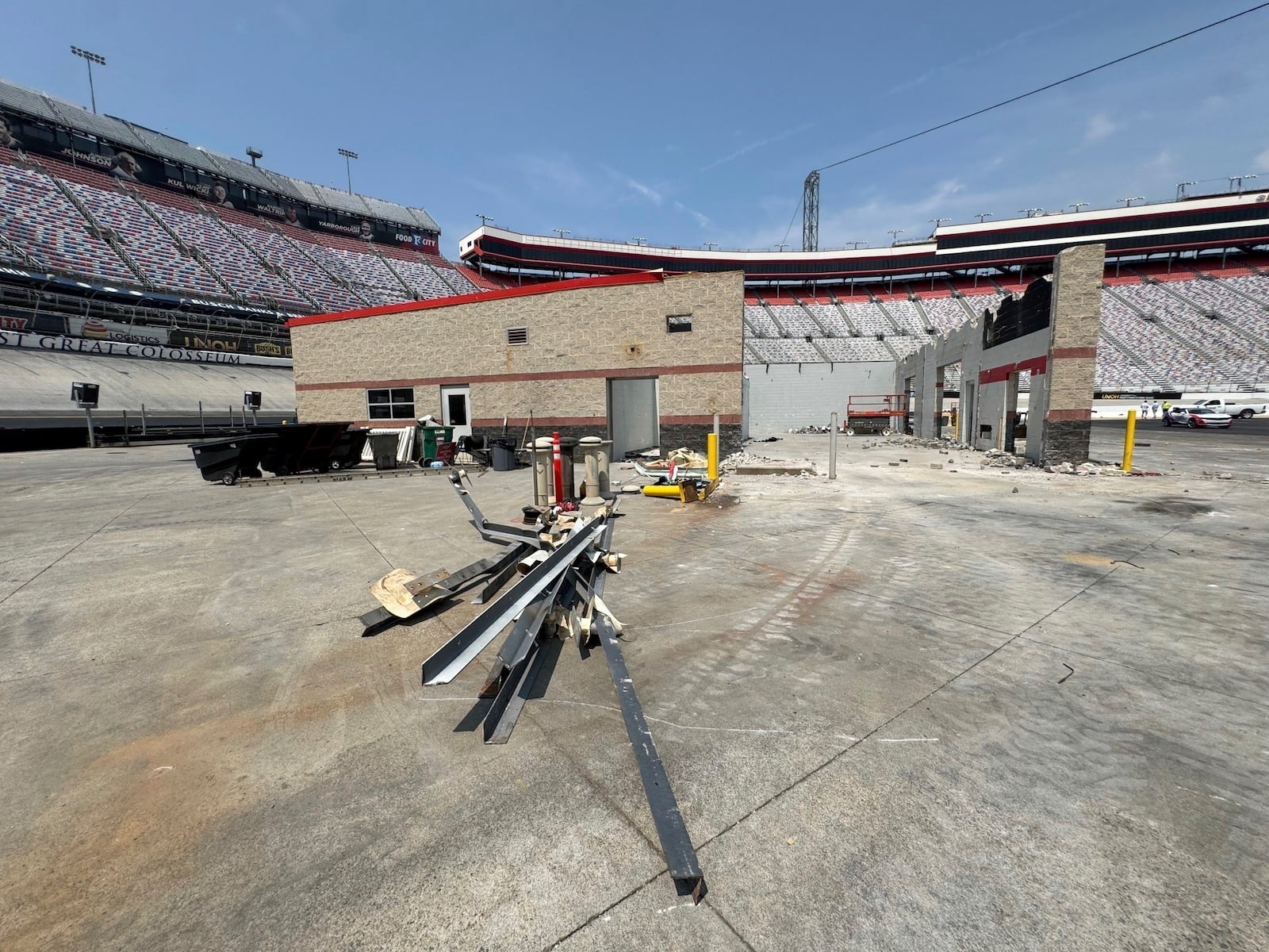 Demolition starts at the Bristol Motor Speedway, Monday, June 23, 2025, in Bristol, Tenn. (Bristol Motor Speedway via AP)