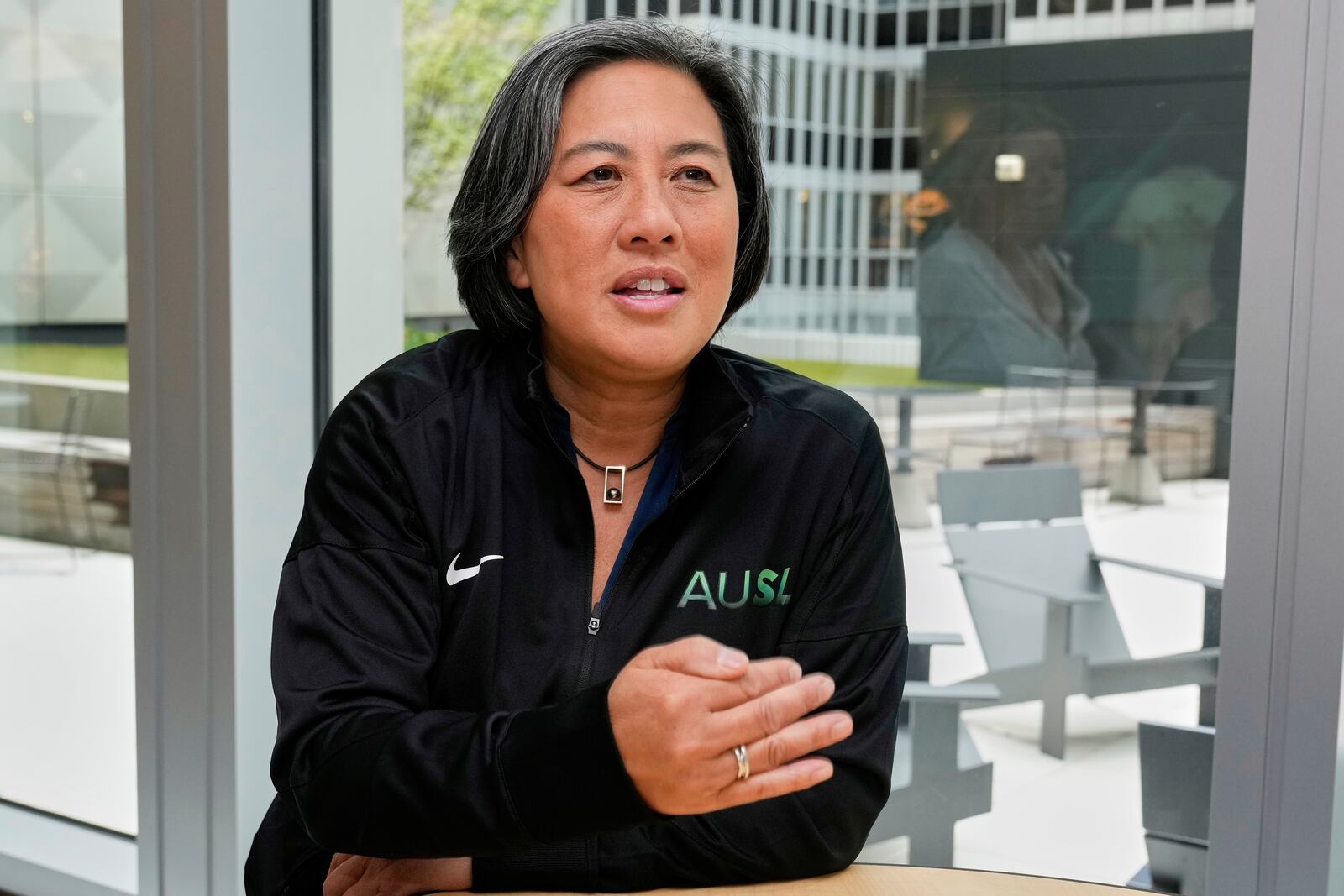 Athletes Unlimited Softball League Commissioner Kim Ng, a former Major League Baseball executive, is interviewed at Major League Baseball's headquarters in New York, Thursday, May 29, 2025. (AP Photo/Richard Drew)
