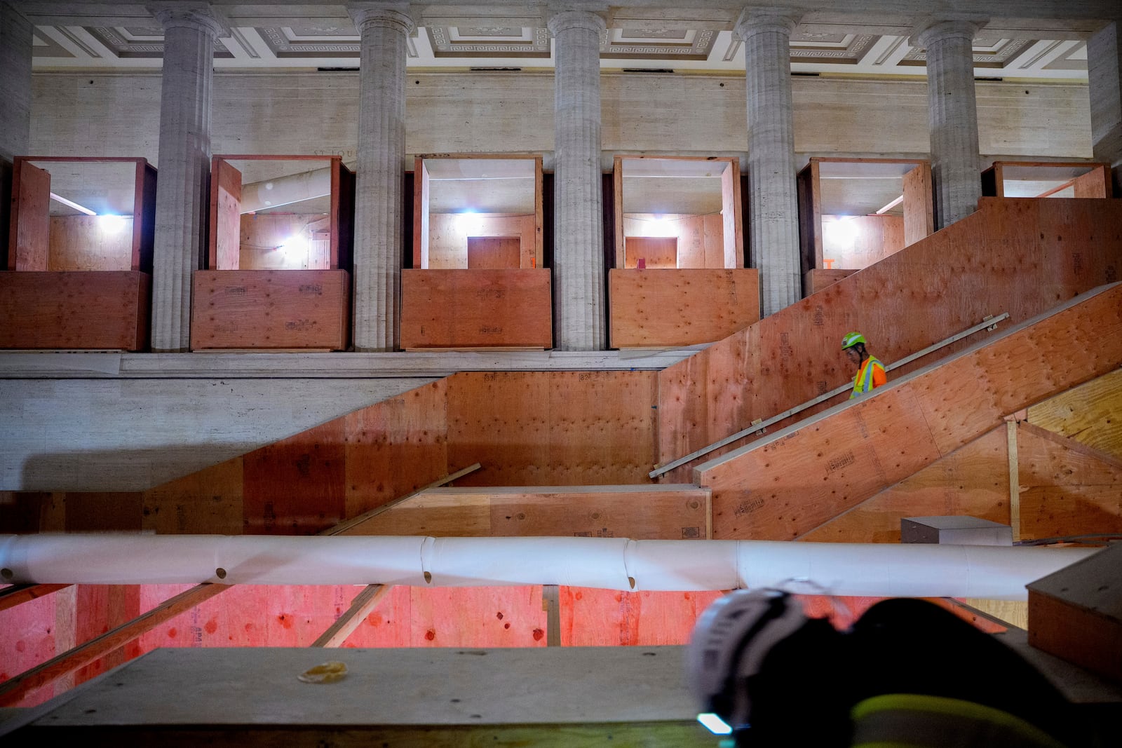 The grand atrium is visible as renovations continue on the Federal Reserve, Thursday, July 24, 2025, in Washington. (Andrew Harnik/Pool Photo via AP)