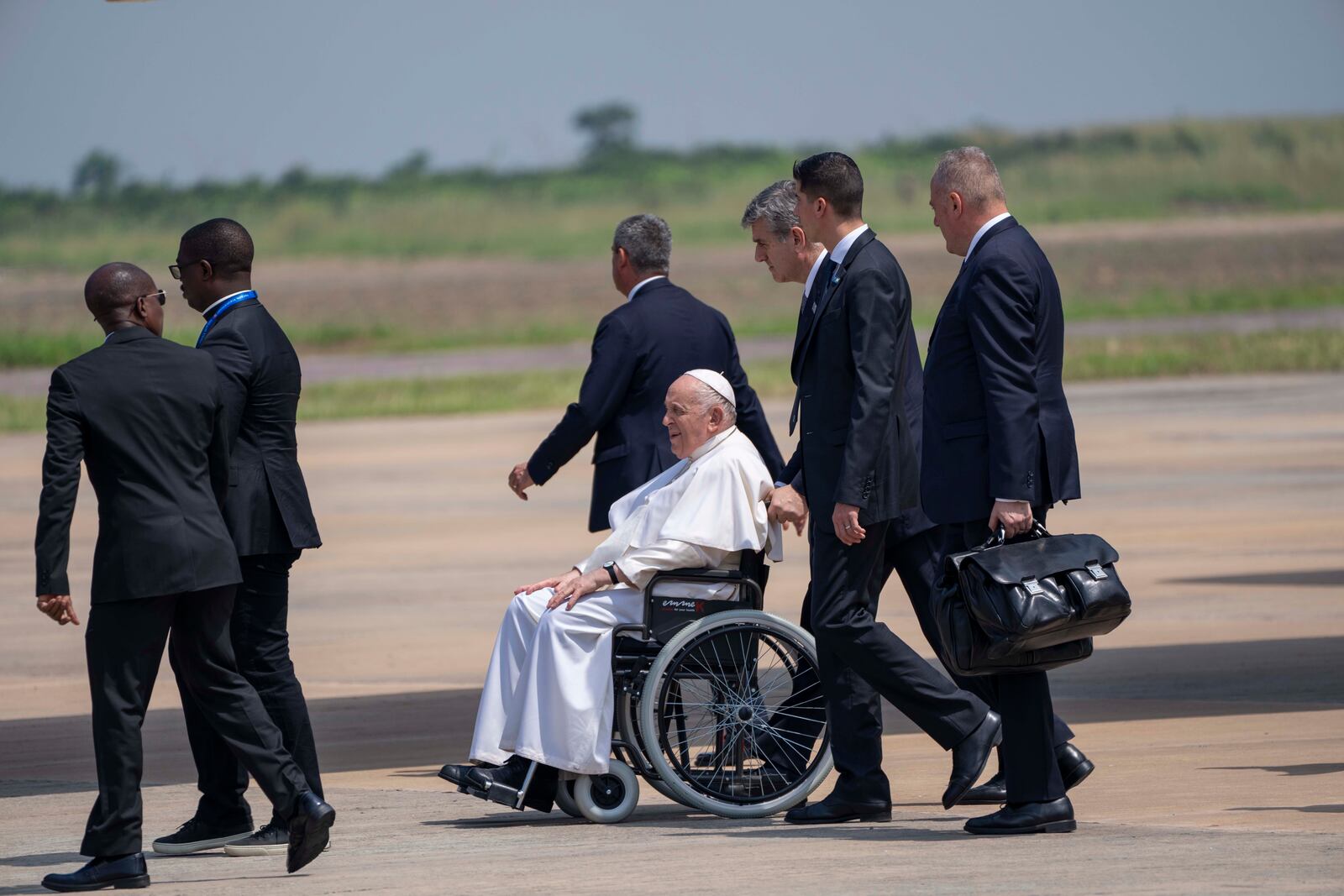 FILE - Pope Francis departs from Kinshasa, Congo, Feb. 3 2023, as he heads to South Sudan. (AP Photo/Jerome Delay, File)